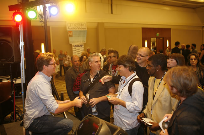 Fox Films Music Executive/Music Supervisor, Patrick Houlihan does some meeting and greeting with TAXI members right after his panel finished up.