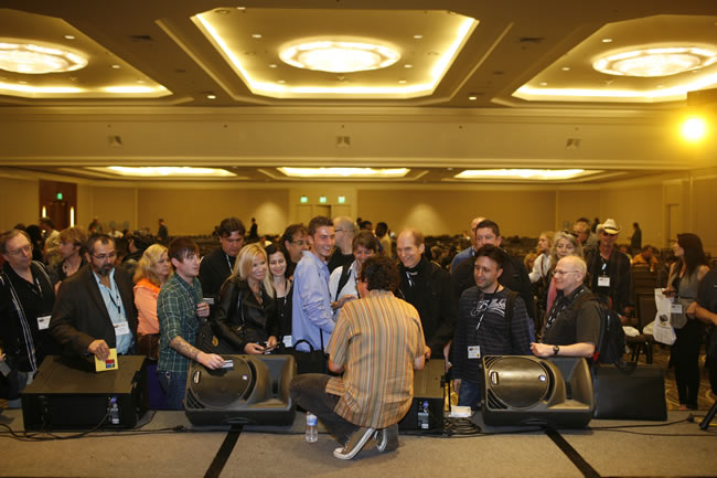 A-List Hollywood Music Supervisor Dondi Bastone (back to camera) invests lots of his time giving out sage advice and taking music from TAXI members after his panel wrapped up.