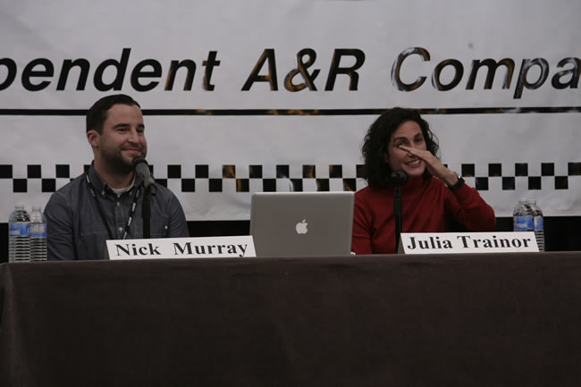 Film Trailer Composer Nick Murray watches as Film Trailer Music Executive/ Supervisor Julia Trainor explains how trailer music should build to an exciting crescendo.