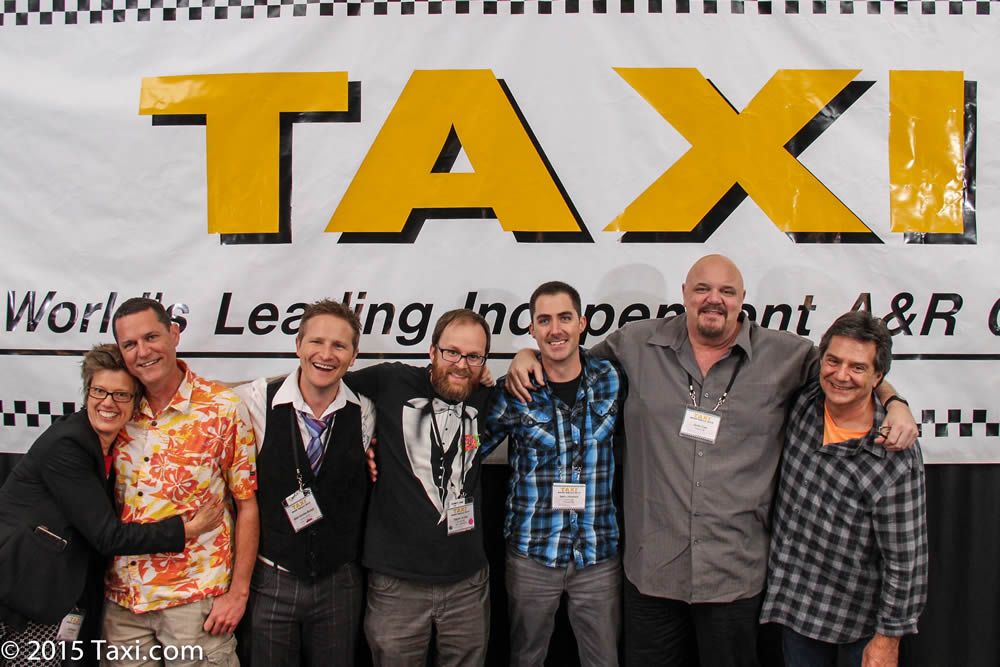 The Collaboration Nation panelists yuk it up after their   panel and show just how strong TAXI's community is. (Left to Right) C.K.   Barlow, Russell Landwehr, Matt Vander Boegh, Steven Guiles, Seth   Littlefield, Scott Free, and TAXI's Michael Laskow.