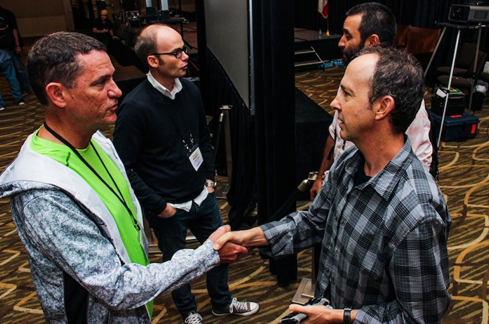 TAXI member Russell Landwehr (left) meets Music Supervisor Jonathan Weiss in the foreground, while his friend and fellow member Pedro Costa (left, rear) meets Reality Show Editor David McCintosh in the background. Gotta love the connections that are made at the Road Rally!