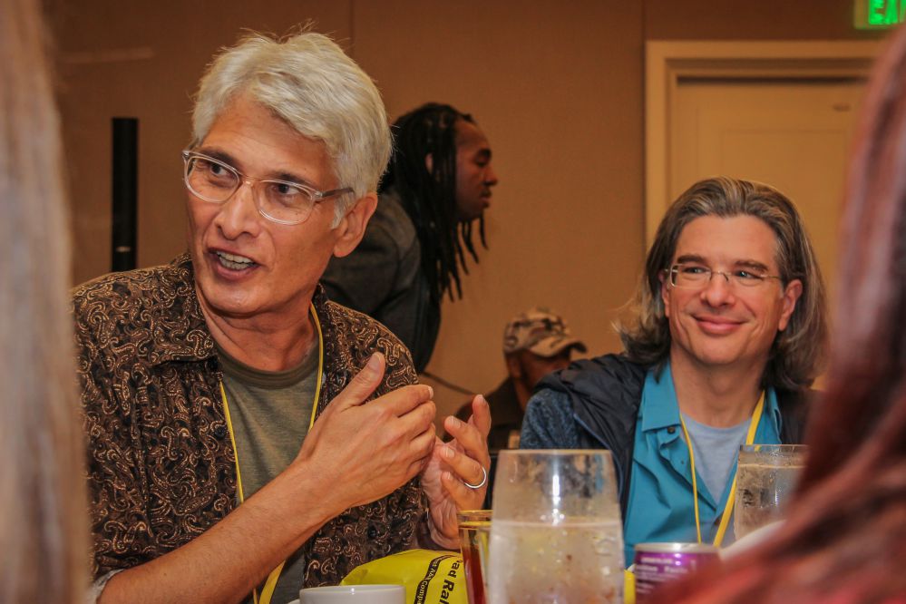 Mega Hit Songwriter Jason Blume holds court at his Mentor Lunch table while TAXI Member Martin Tichy looks on.