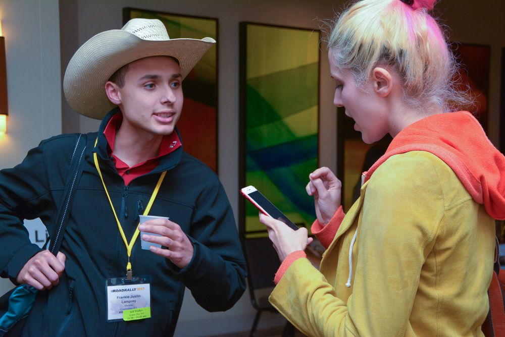 (left to right) TAXI Members Frankie Justin Lamprey and Aventurina King enjoy a one-on-one conversation after Ms. King’s stellar appearance on the Success Is No Accident panel during the final day of the 2017 Road Rally. 