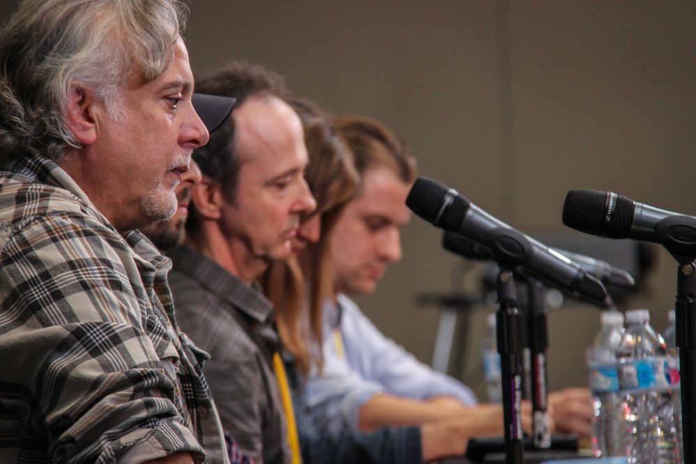 Music Supervisors (left to right) Mason Cooper, Frank Palazzolo, Jonathan Weiss, Susan Dolan, and Jacob Nathan are all in deep thought as they listen carefully to a TAXI member’s song being played during their feedback panel. 