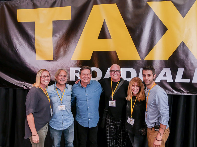 (Left to right) Music licensing executive Shannon Quisenberry, music supervisor Mason Cooper, TAXI’s Michael Laskow, music library executives Bob Mair and Beth Wernick, and music supervisor Frank Palazzolo pose for a quick shot after their Film and TV Music Pitch Panel at TAXI’s Road Rally.