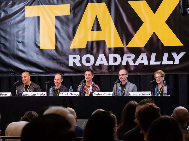 The panelists are all smiles during the Instrumental Pitch and Feedback Panel with (left to right) Joy Basu (CEO, Lab Hits Music), Jonathan Weiss (Music Supervisor), Chuck Henry (CEO, 10 West Music), Pedro Costa (CEO, InStyle Music), and Elyse Schiller (Executive Producer, Masterphonic).