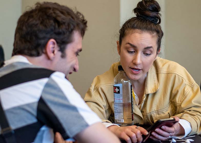 TAXI Member Clément Reverchon gets some expert feedback on his song from Angela Mukul during a One-to-One Mentor session.