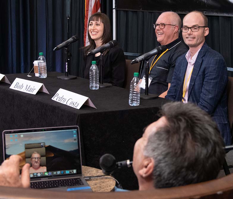 Publisher Michael Eames (on laptop screen in foreground) couldn’t be in Los Angeles to join his fellow panelists (l to r) music attorney Erin Jacobson, publisher Bob Mair, and publisher Pedro Costa for the Understanding Music Library Contracts panel, so we had him join them via Facetime. The miracle of modern technology!