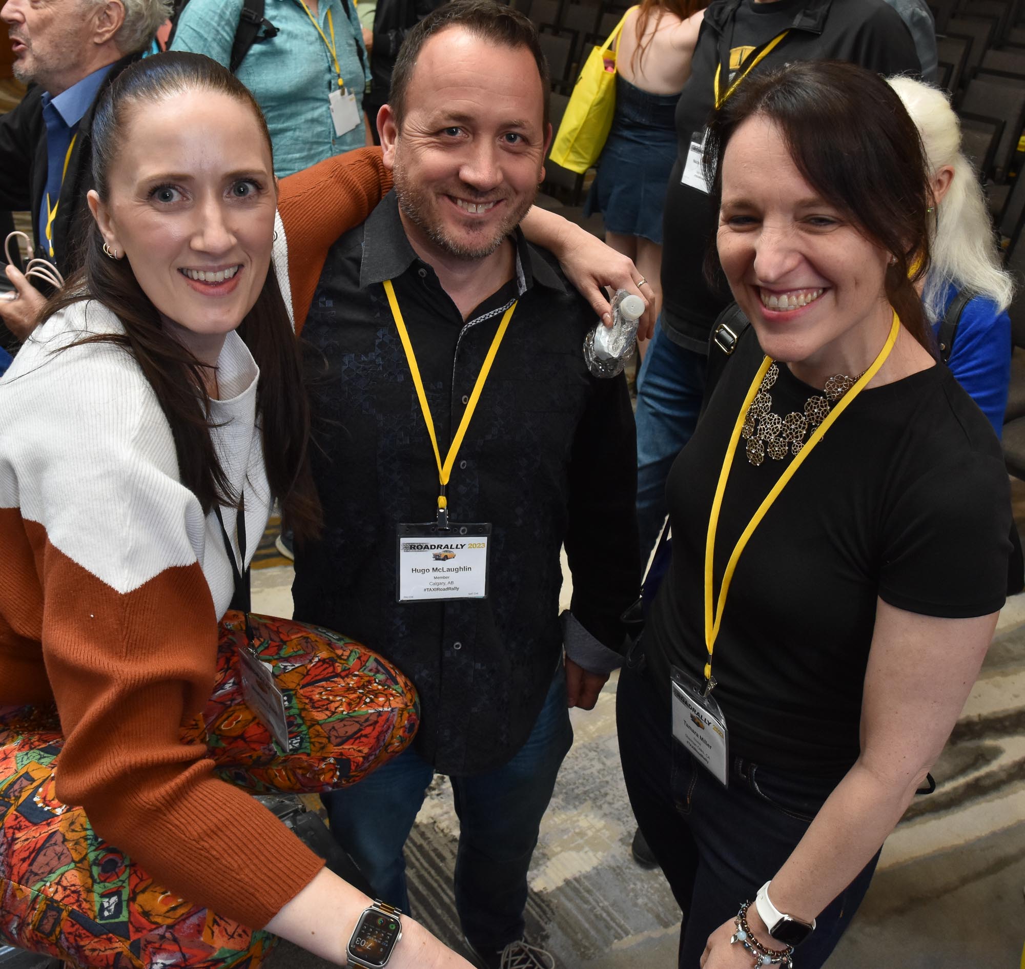 Music Licensing Executive Stephanie Reid (left) hangs out with TAXI members: Hugo McLaughlin and Tamara Miller after a panel wraps up.